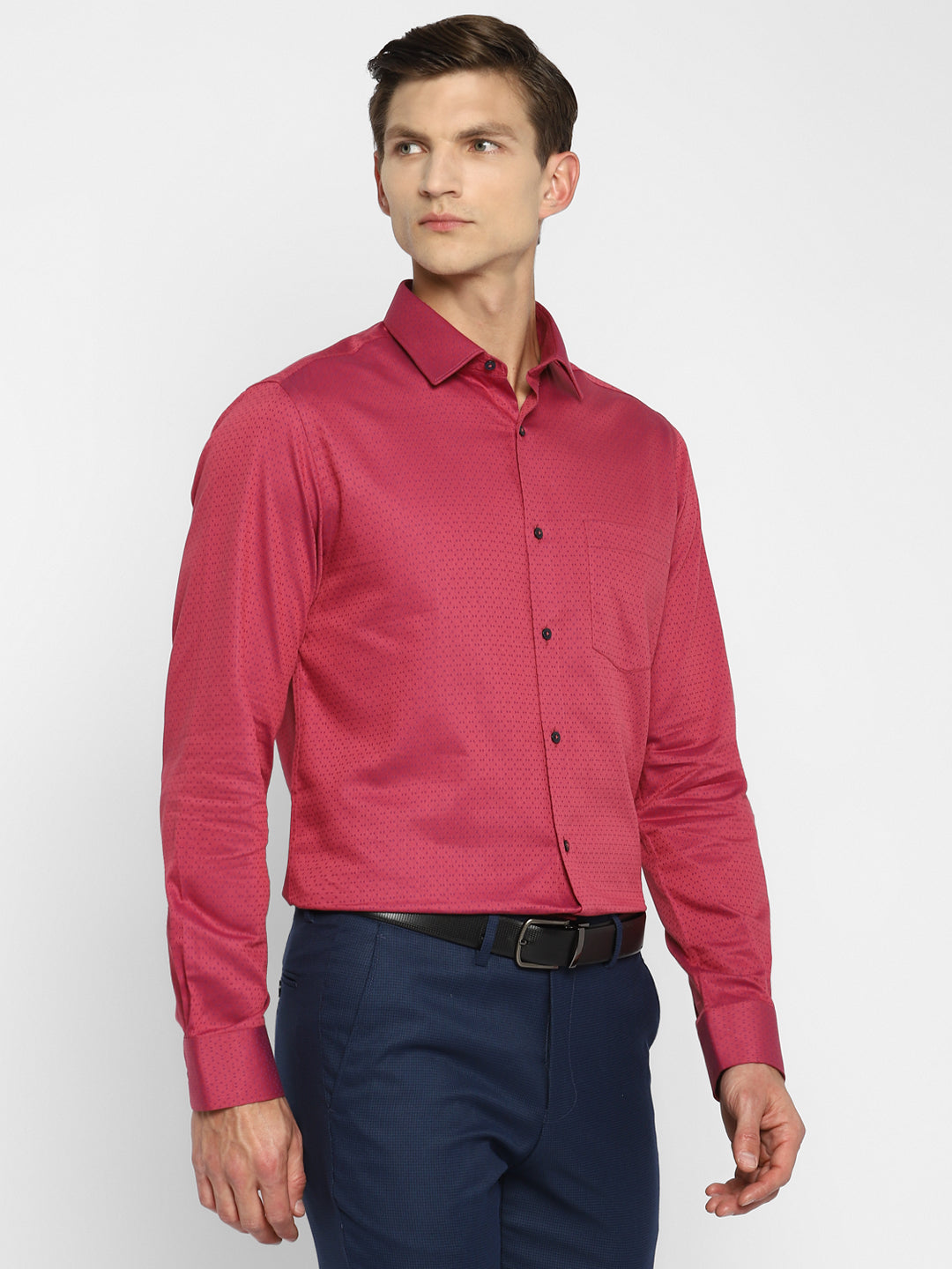 Pink Cotton Self Design Slim Fit Shirts