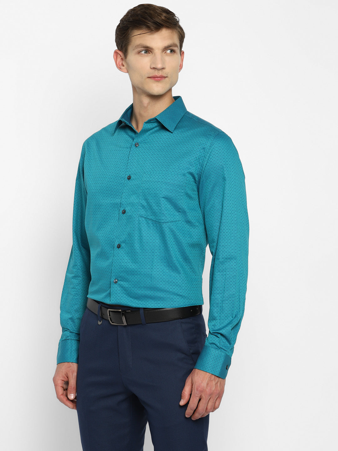 Sea Green Cotton Self Design Slim Fit Shirts