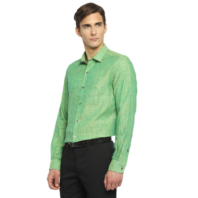 Green Linen Solid Slim Fit Shirts