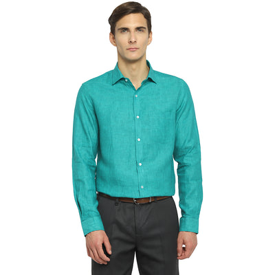 Sea Green Linen Solid Slim Fit Shirts