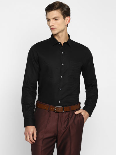 Black Cotton Self Design Slim Fit Formal Shirt