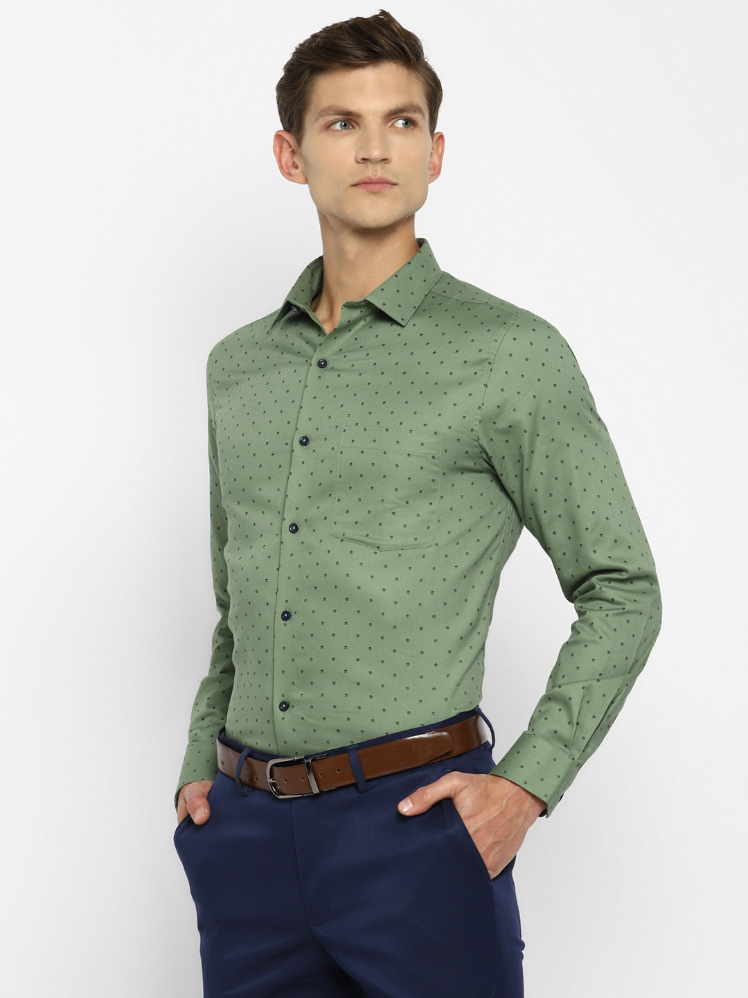 Cotton Green Printed Slim Fit Formal Shirt