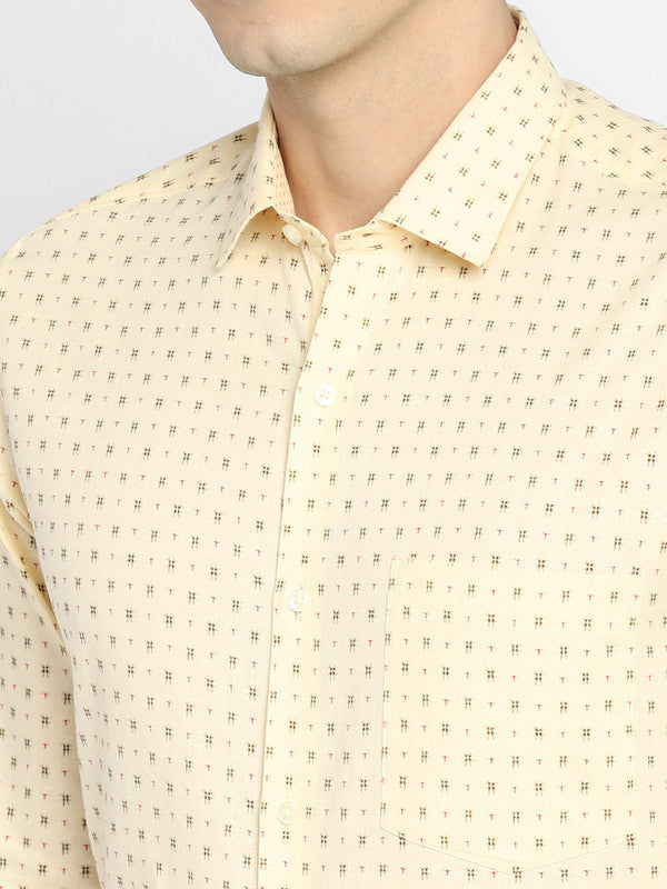 Cotton Linen Light Yellow Slim Fit Printed Shirts