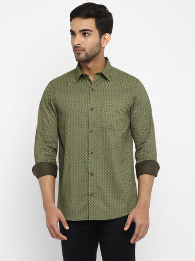 Olive Cotton Printed Slim Fit Shirts