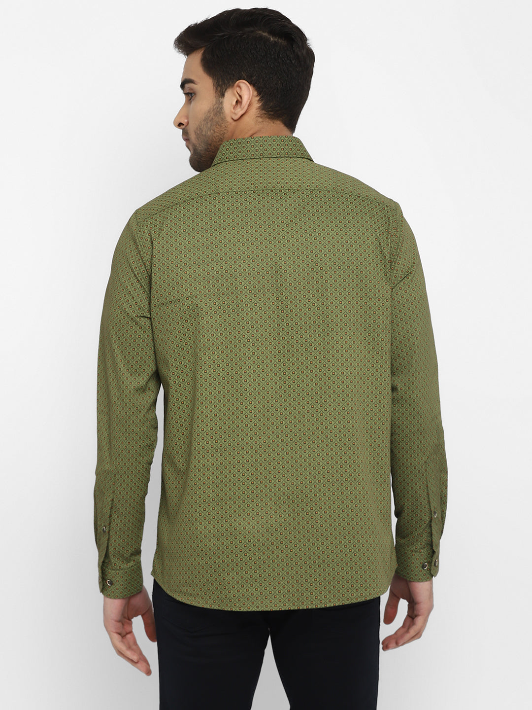 Olive Cotton Printed Slim Fit Shirts