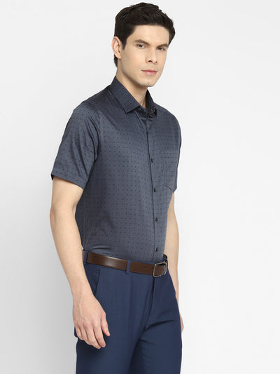 Cotton Navy Blue Regular Fit Self Design Shirts