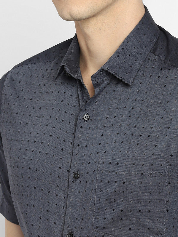 Cotton Navy Blue Regular Fit Self Design Shirts