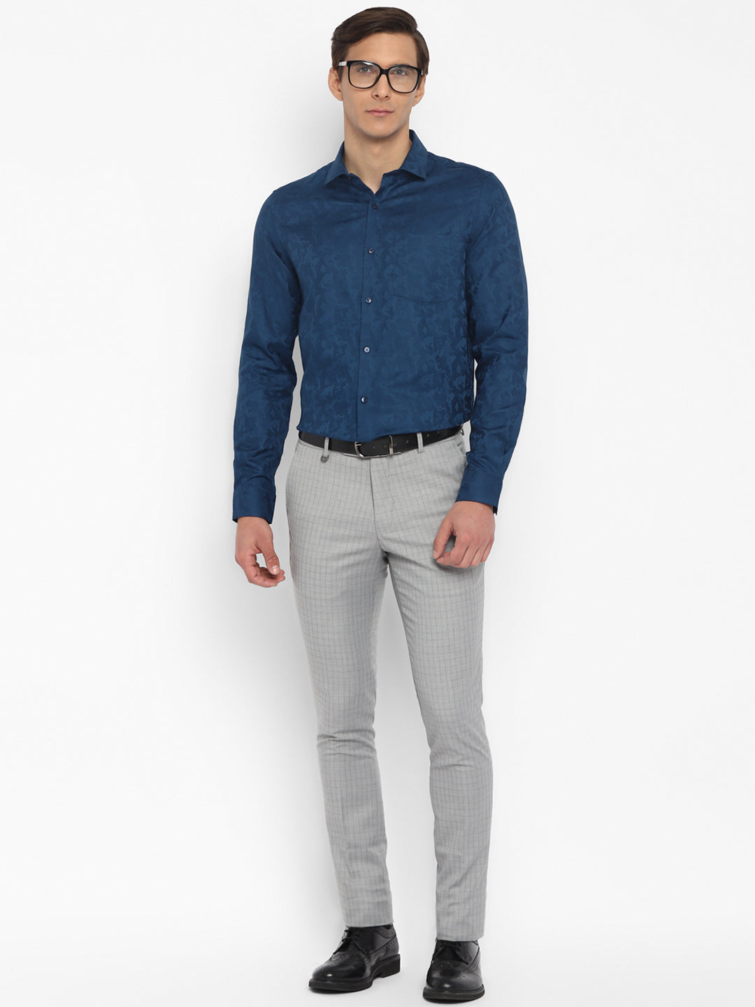 Cotton Dark Blue Slim Fit Self Design Shirt