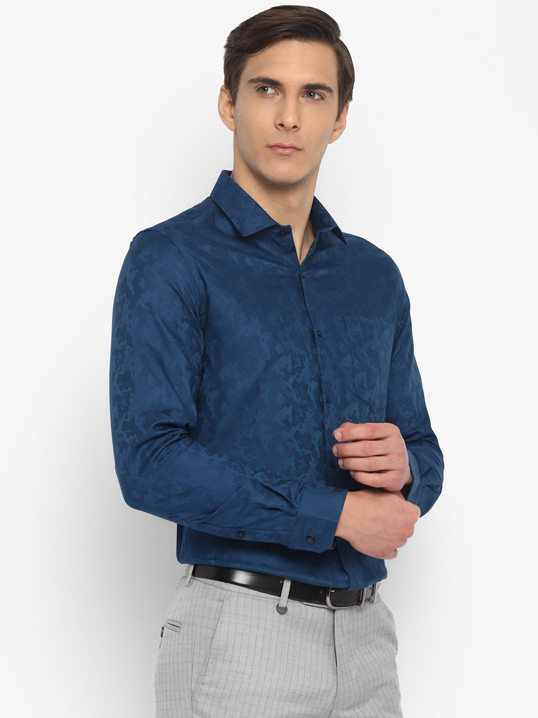 Cotton Dark Blue Slim Fit Self Design Shirt