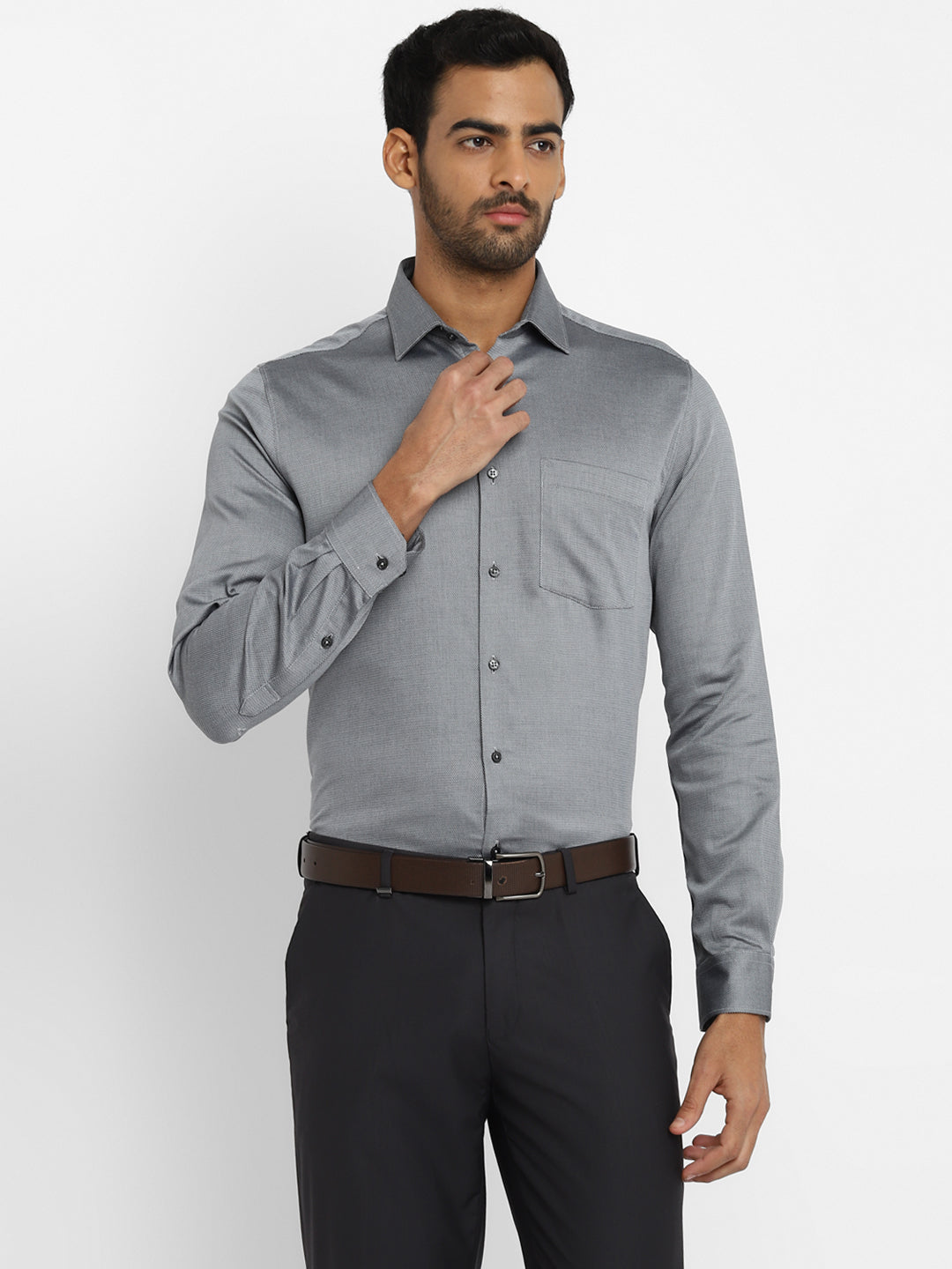 Cotton Grey Slim Fit Self Design Shirt