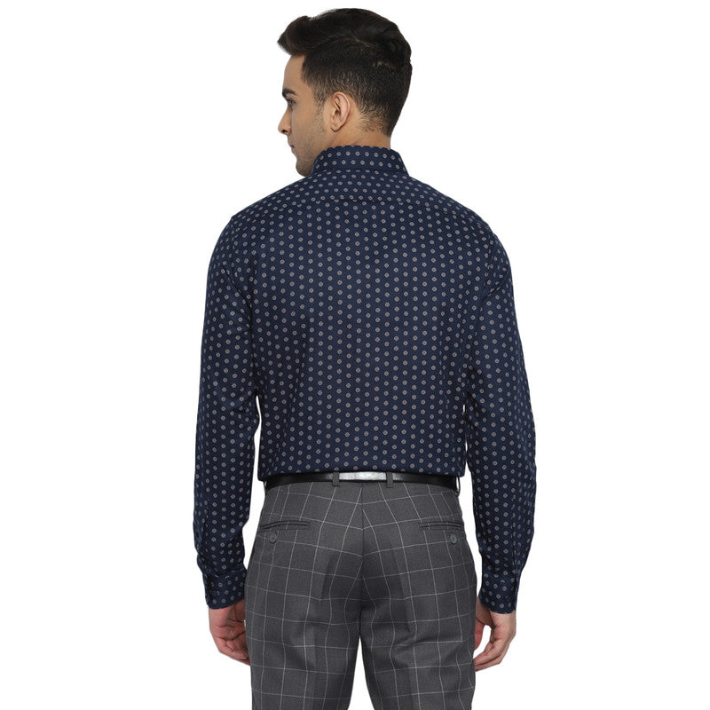 Cotton Navy Blue Printed Slim Fit Shirt