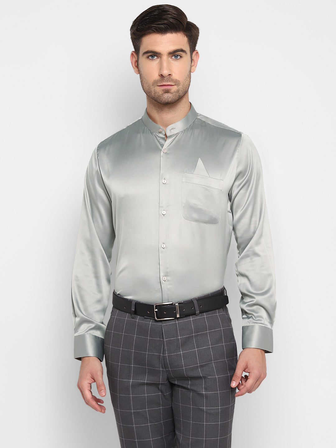Turtle Men Grey Satin Solid Regular Fit Shirts