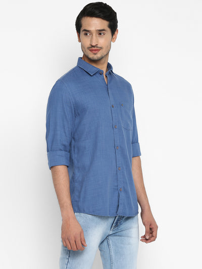 Cotton Navy Blue Solid Slim Fit Shirt
