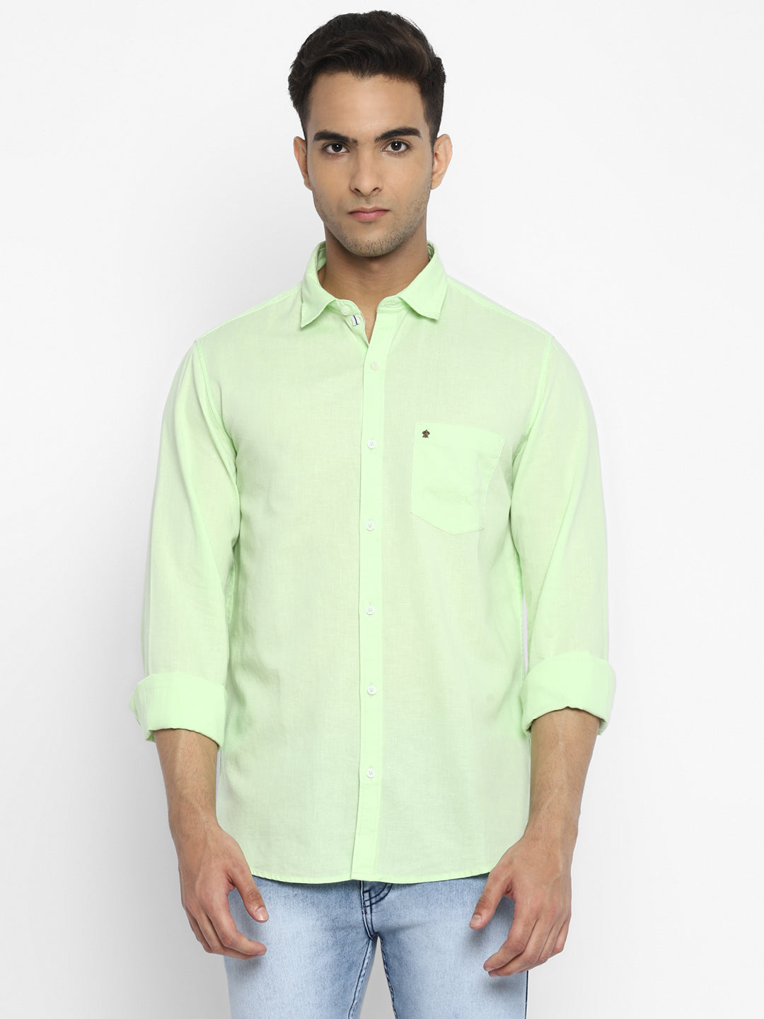 Cotton Linen Light Green Solid Slim Fit Shirt