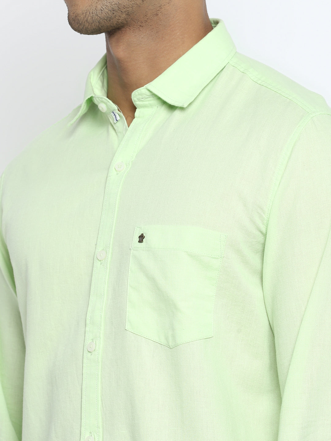Cotton Linen Light Green Solid Slim Fit Shirt