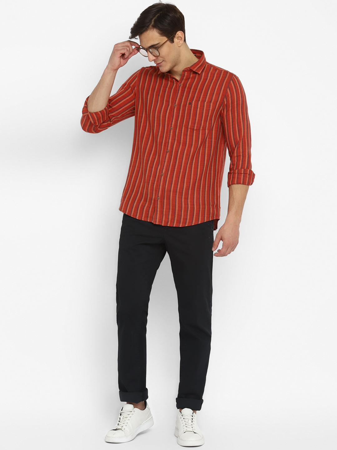 Cotton Blend Striped Regular Fit Red Casual Shirts