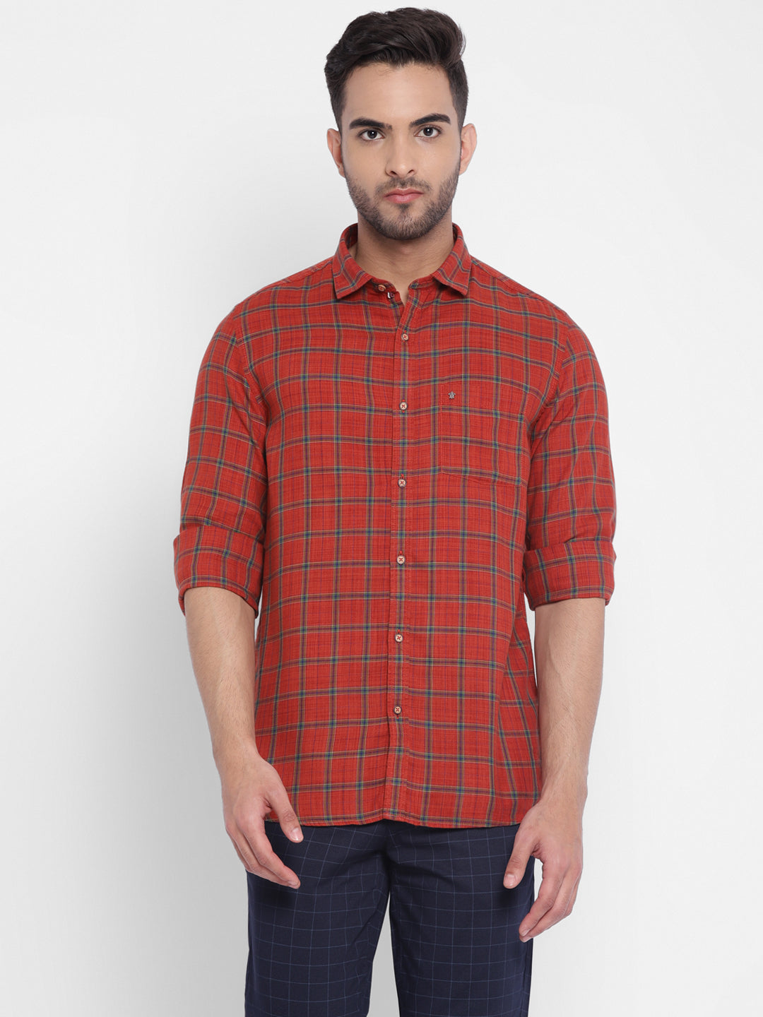 Red Cotton Checked Slim Fit Shirt