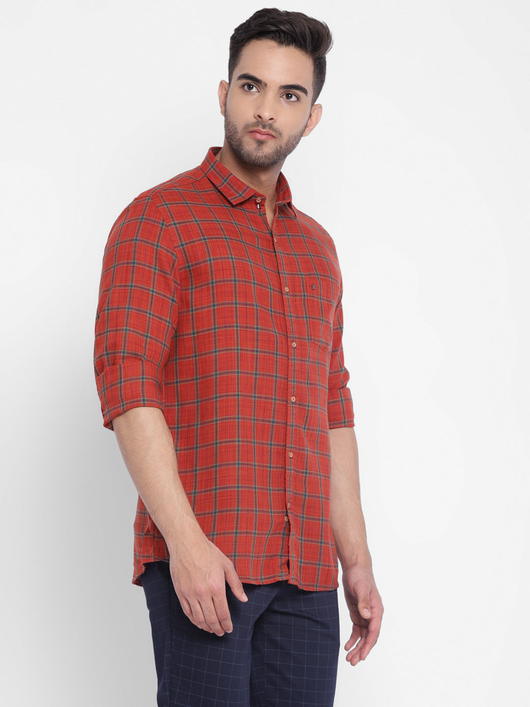 Red Cotton Checked Slim Fit Shirt