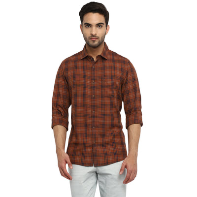 Turtle Men Brown Cotton Checked Slim Fit Shirts