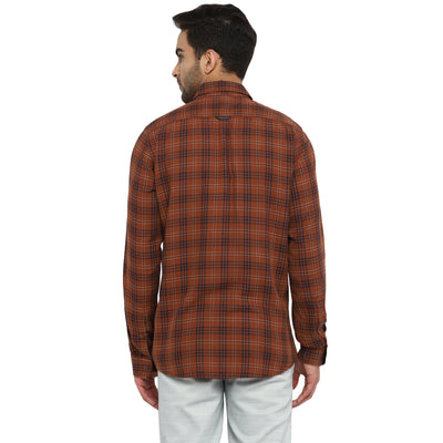 Turtle Men Brown Cotton Checked Slim Fit Shirts