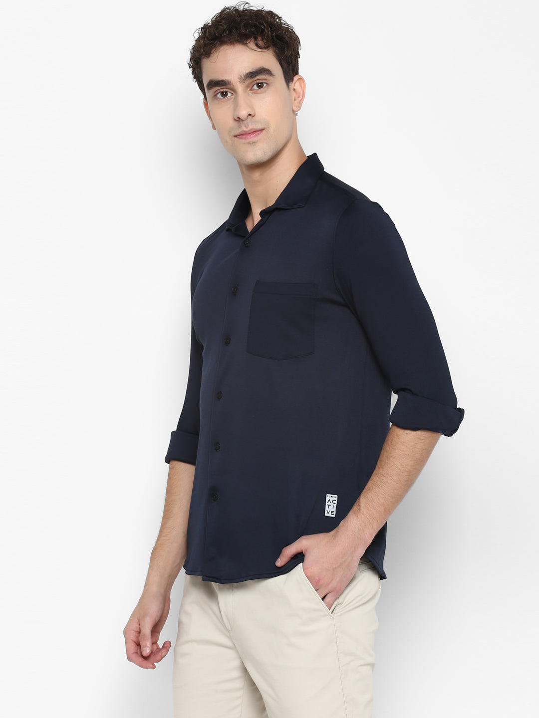 Polyester Spandex Navy Blue Solid Slim Fit Casual Shirt