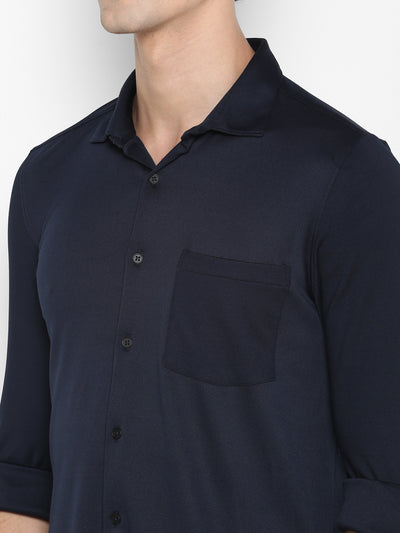 Polyester Spandex Navy Blue Solid Slim Fit Casual Shirt