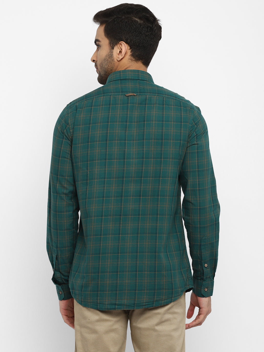 Turtle Men Teal Cotton Checked Slim Fit Shirts