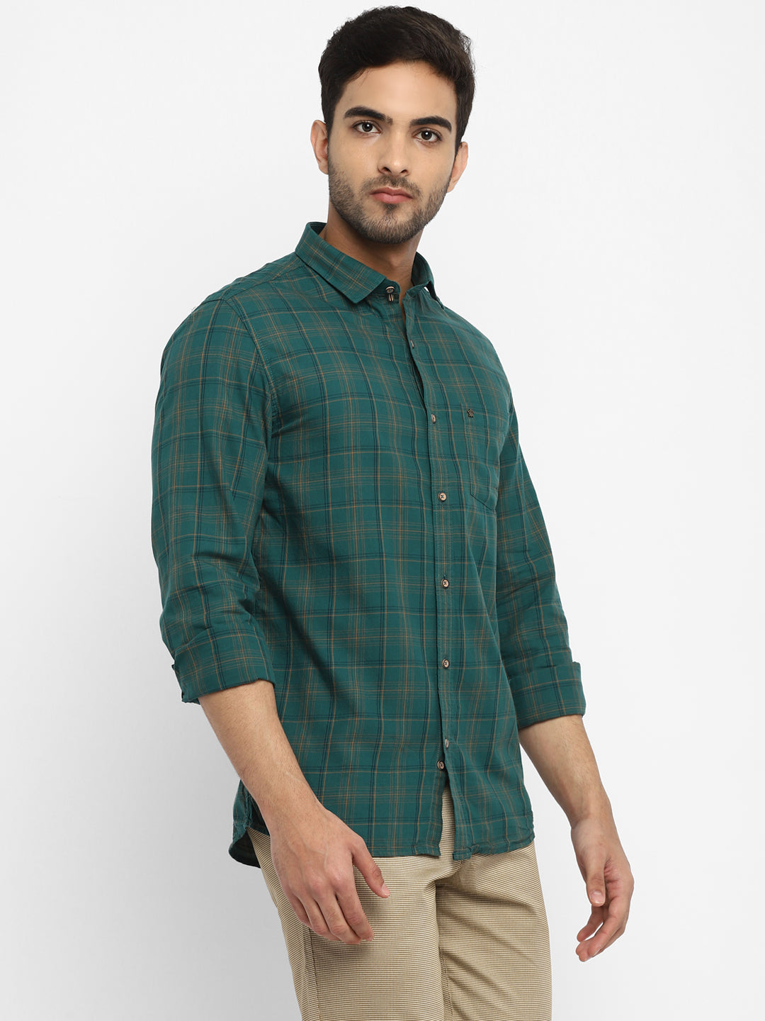 Turtle Men Teal Cotton Checked Slim Fit Shirts