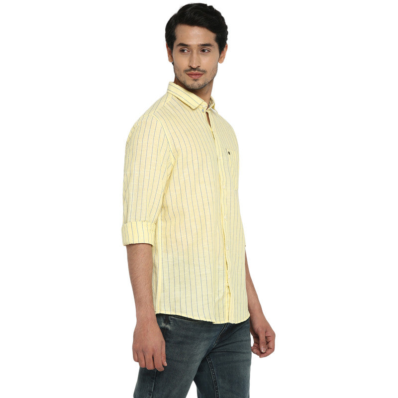 Cotton Linen Yellow Striped Slim Fit Shirt