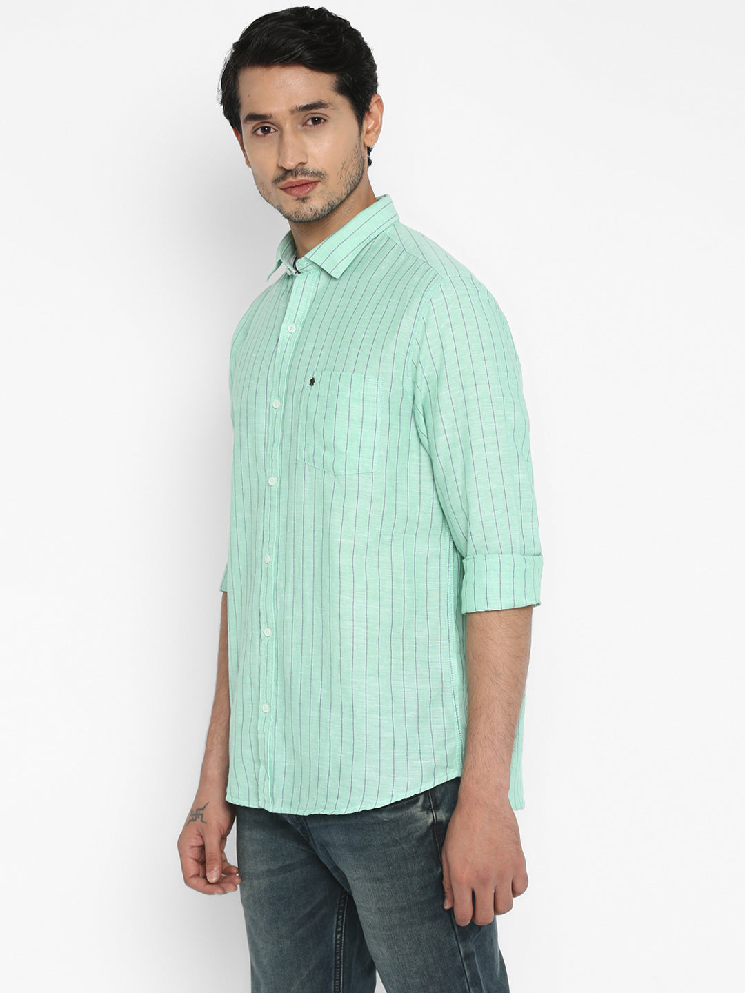Cotton Linen Light Blue Striped Slim Fit Casual Shirt