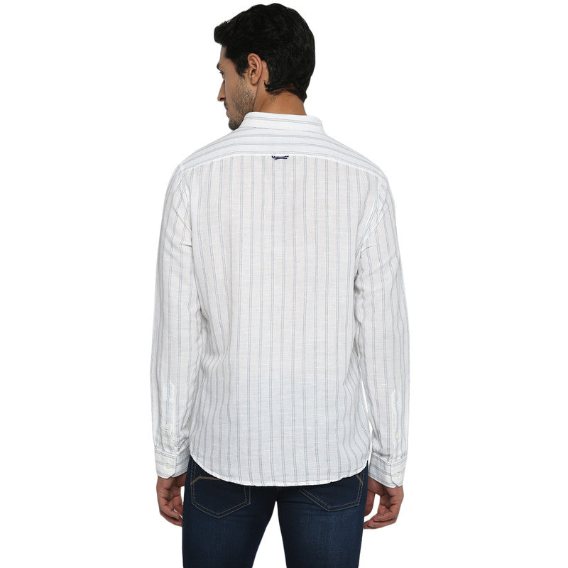 Turtle Men Cotton Linen White Slim Fit Striped Shirts