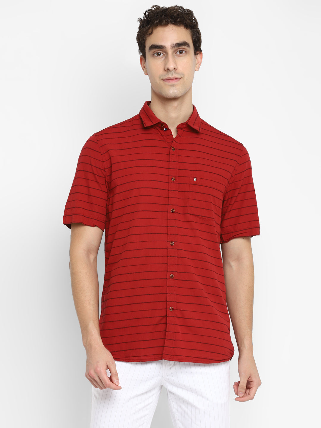 Red Cotton Striped Slim Fit Shirt