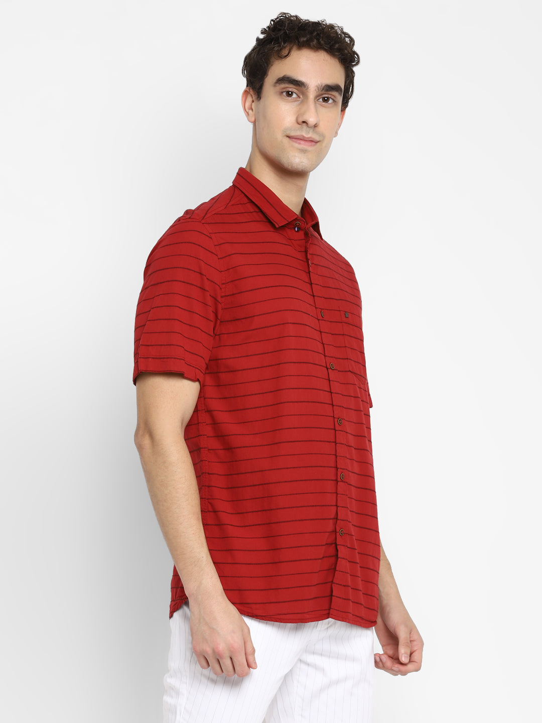 Red Cotton Striped Slim Fit Shirt