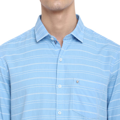Turtle Men Light Blue Cotton Striped Slim Fit Shirts