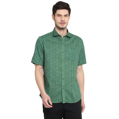 Cotton Green Printed Slim Fit Casual Shirt