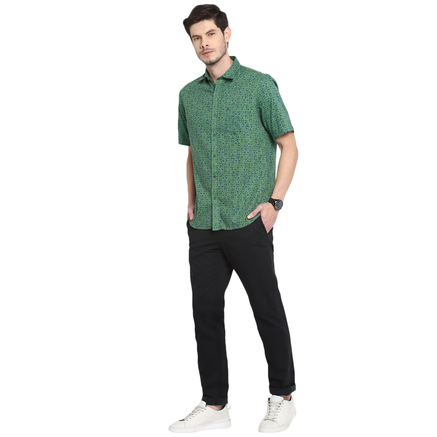 Cotton Green Printed Slim Fit Casual Shirt
