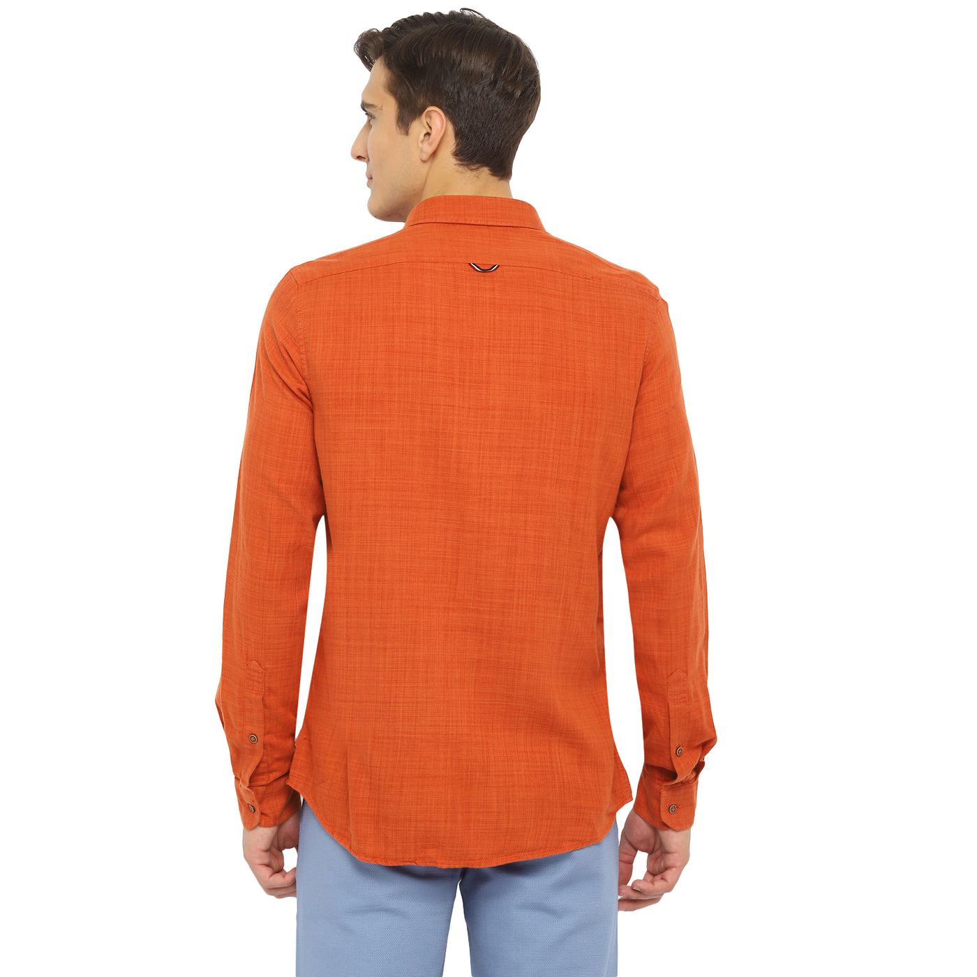 Turtle Men Orange Blended Cotton Solid Slim Fit Shirts