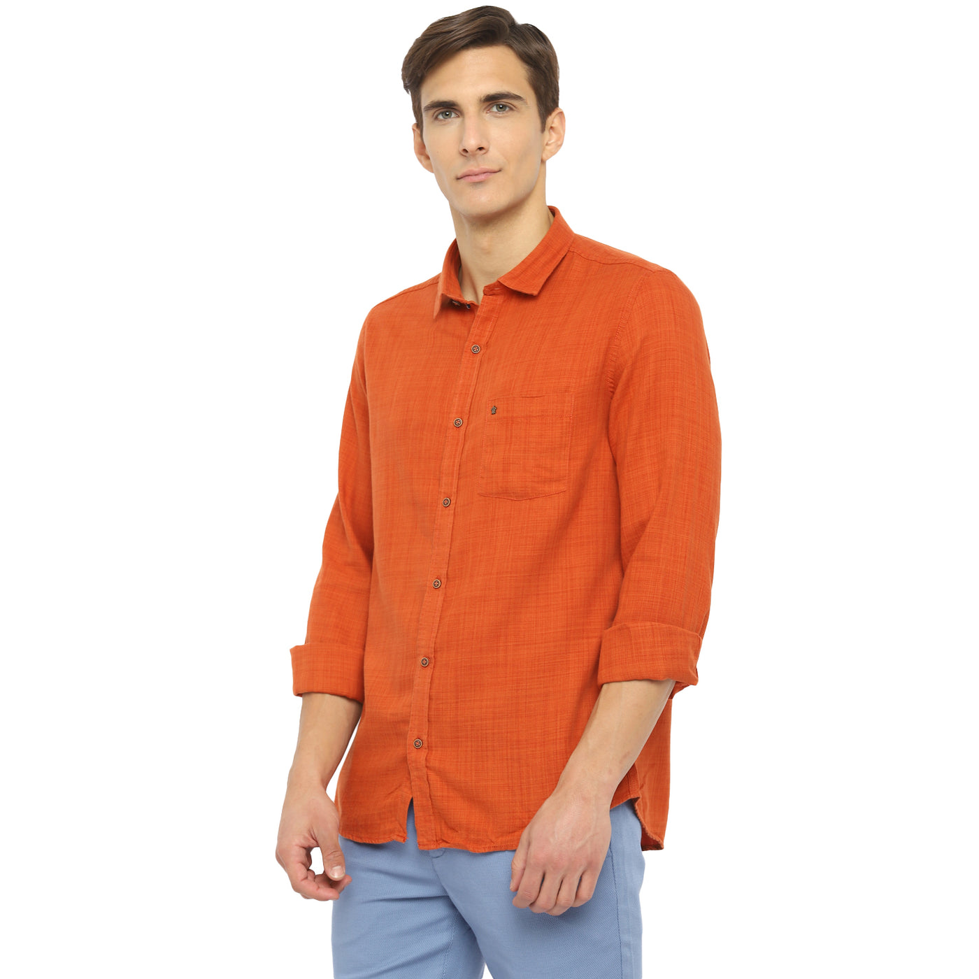 Turtle Men Orange Blended Cotton Solid Slim Fit Shirts