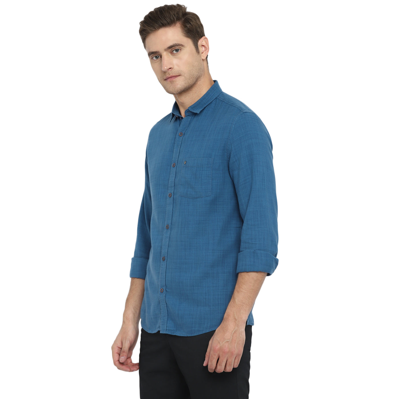 Turtle Men Blue Cotton Solid Slim Fit Shirts