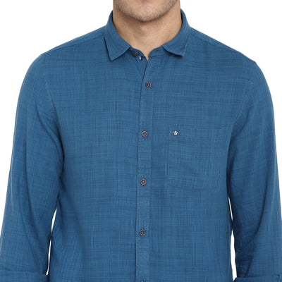 Turtle Men Blue Cotton Solid Slim Fit Shirts
