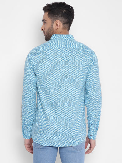 Blue Cotton Printed Slim Fit Shirt