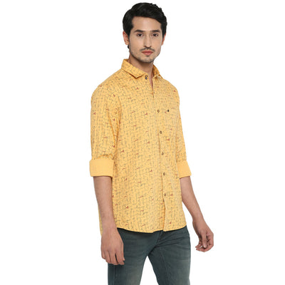 Cotton Yellow Slim Fit Printed Shirt
