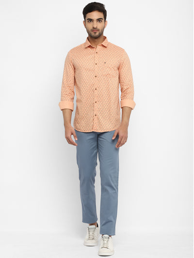 Peach Cotton Printed Slim Fit Shirt