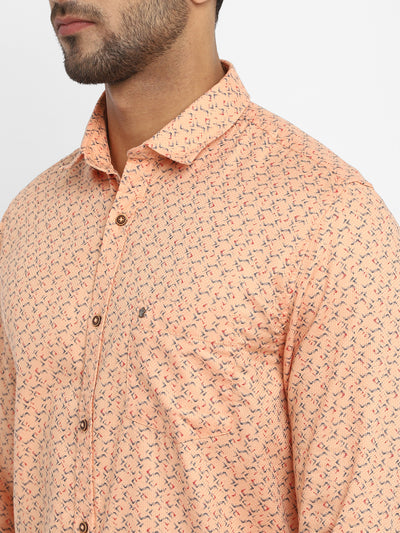 Peach Cotton Printed Slim Fit Shirt