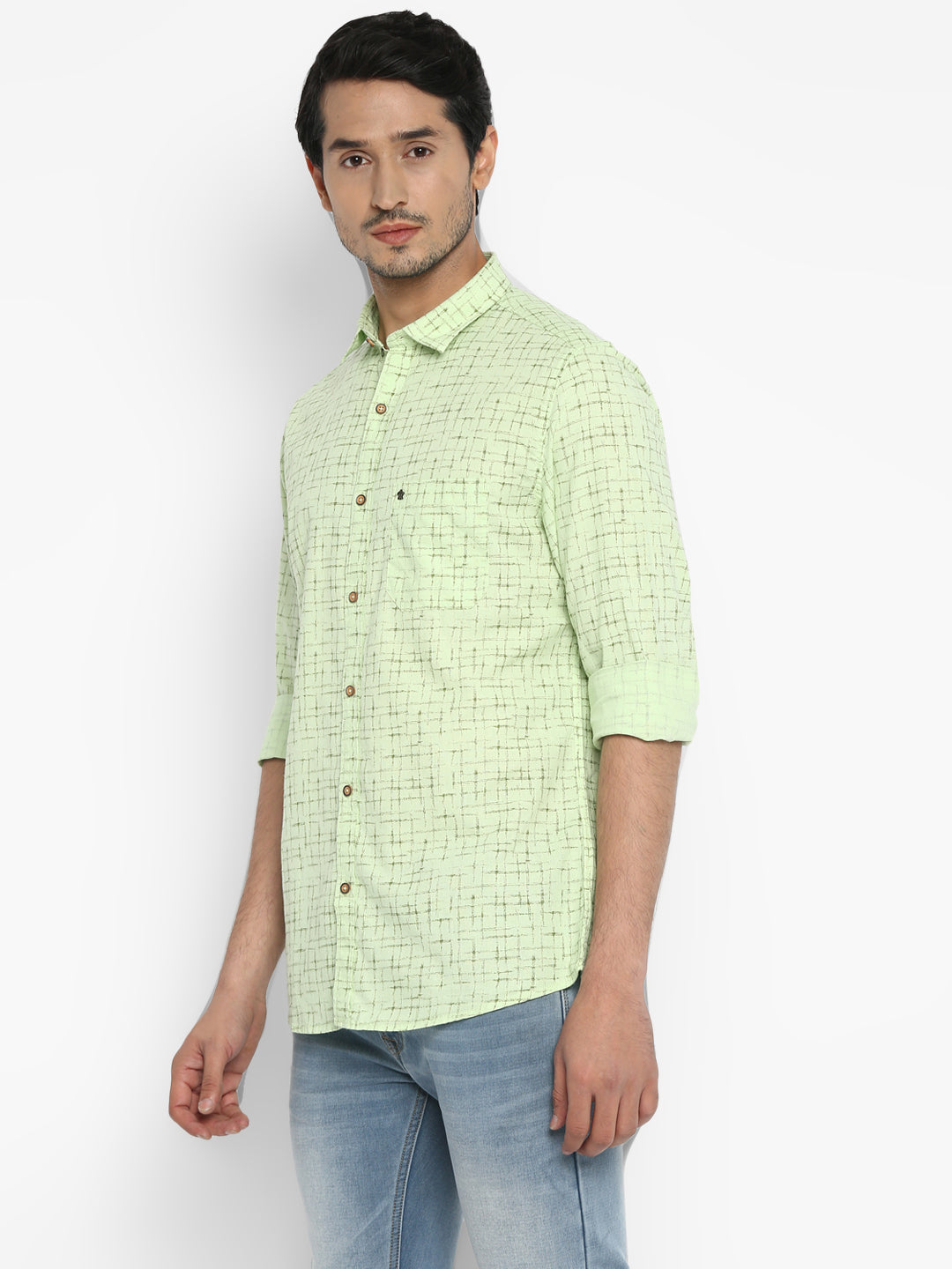 Turtle Men Cotton Light Green Checkered Slim Fit Shirts