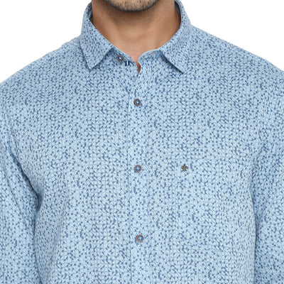 Cotton Light Blue Printed Slim Fit Casual Shirt