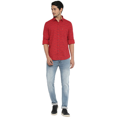 Cotton Red Printed Slim Fit Casual Shirt