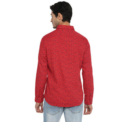 Cotton Red Printed Slim Fit Casual Shirt