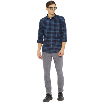 Turtle Men Navy Cotton Checked Slim Fit Shirts