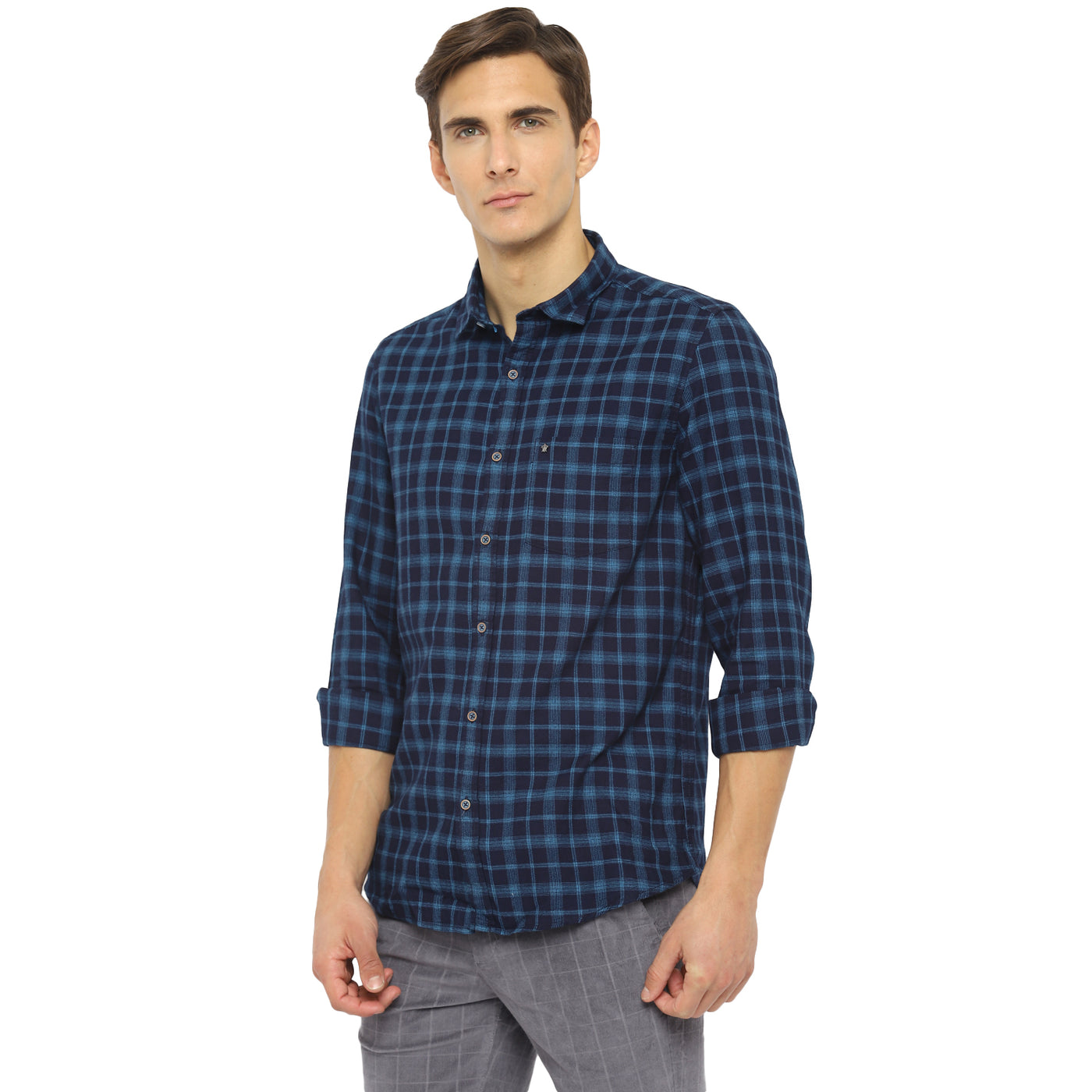 Turtle Men Navy Cotton Checked Slim Fit Shirts